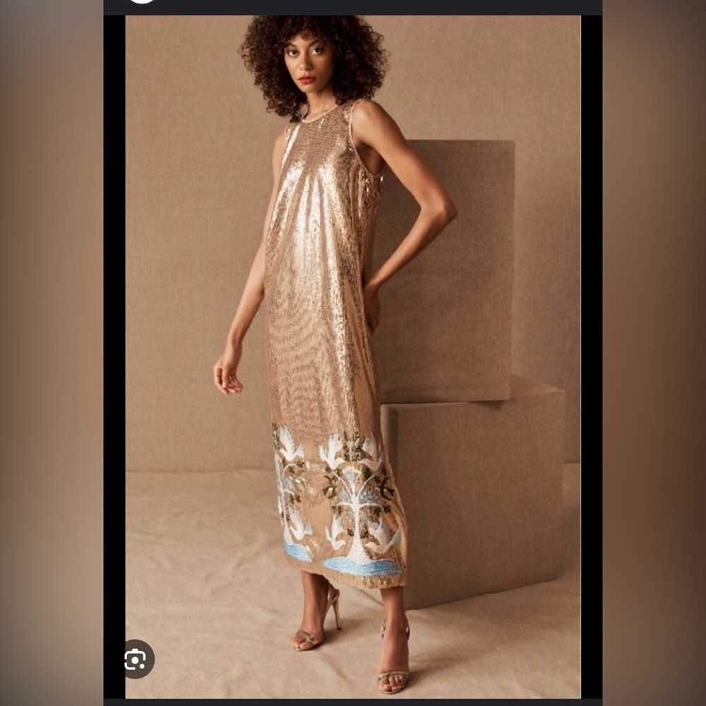 Anna Sui Gold Sequin Sleeveless Floral-Trim Midi Dress